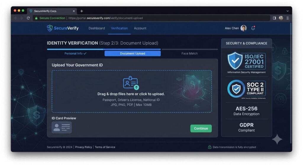 Identity verification portal interface displaying HTTPS connection and ISO 27001 SOC 2 security certificates.