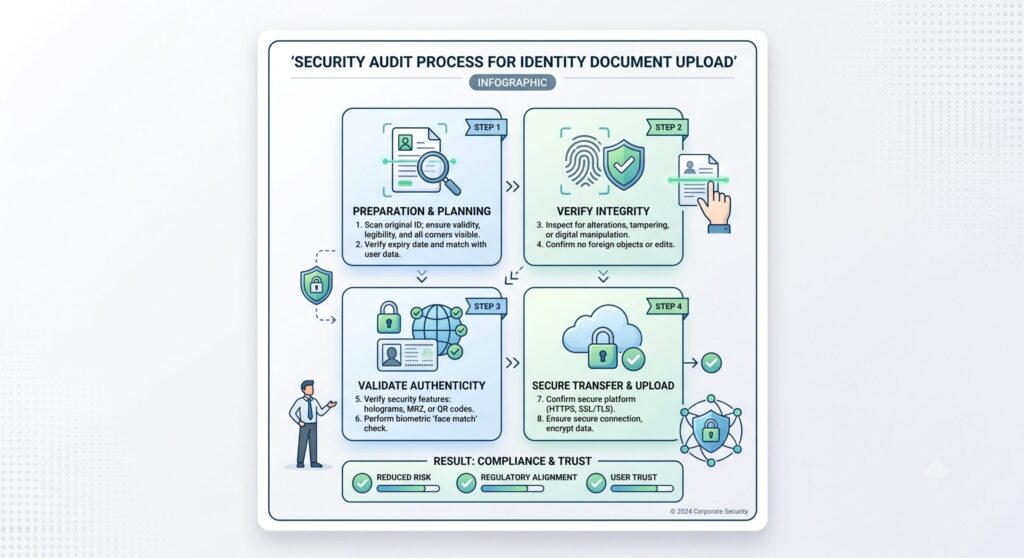 4-step security audit flowchart before uploading an identity document online.