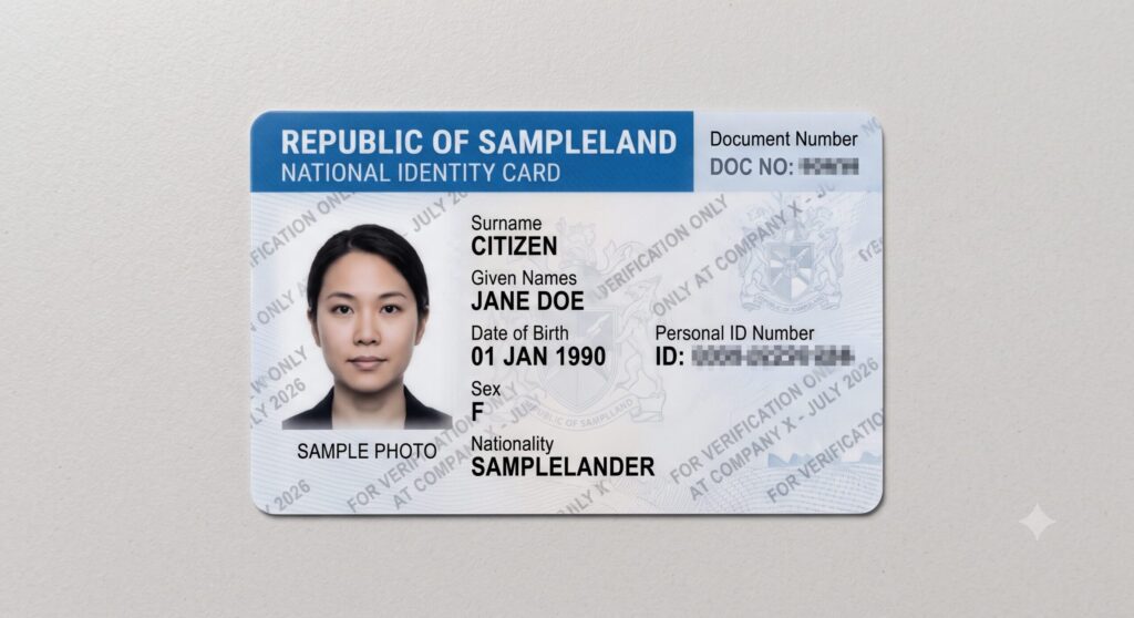 Sample national ID card image with usage-limiting watermark and redacted non-essential data fields.